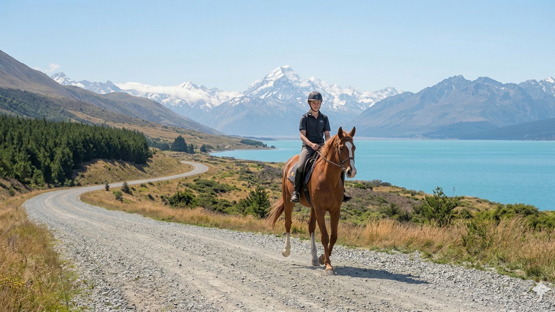 Equestrian riding in NZ countryside